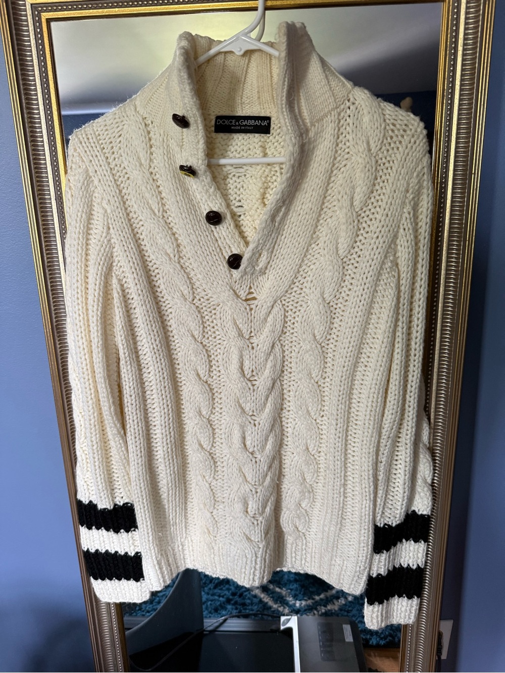 Dolce & Gabbana Cream Cable-Knit Turtleneck Sweater with Black Stripe Cuffs